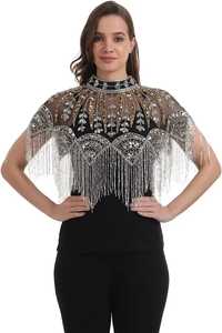 <strong>Beaded</strong> and Sequined Burlesque Cape <strong>Beaded</strong> <strong>Fringe</strong> Hanging Down Fastens at the Neck Beautiful Festive Clothes Festival Capes - Product Image 3