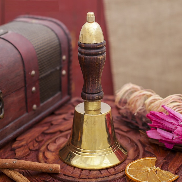 Best Quality Brass Hand Bell with Wooden Handle Vintage Call Bell for Home School & Decorative Use