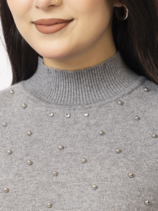 Suéter de Punto para Mujer, Cuello Alto, Manga Larga, Color Sólido, con Detalle de Tachuelas, Estilo Casual, para Invierno, Suave, Cálido y a la Moda - Product Image 5