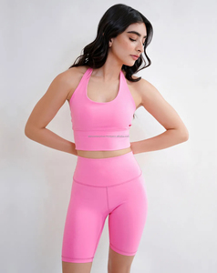 2026 Wholesale Women's Customized Logo Crew <b>Neck</b> 2-Piece High Waist Skinny Yoga Shorts Set Breathable Spandex/Nylon Solid - Product Image 4