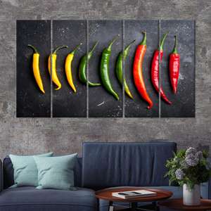 Tableau sur toile de cuisine aux couleurs vives de piments forts : impression rouge, jaune, verte, lot de 5 toiles - Product Image 1