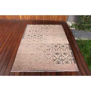 Vintage Area Rug 4.1x5.9 ft, <b>Brown</b> Patchwork Turkish <b>Wool</b> Rug - Product Image 1