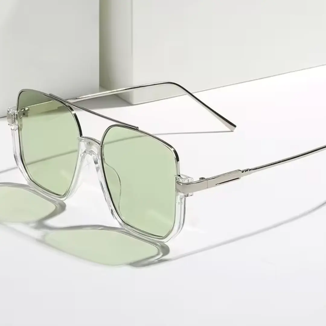合金ダブルブリッジレトロアイウェアハーフフレームスクエア透明眼鏡サンUV400ブロッキングサングラス