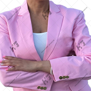Blazer élégant pour femme en laine rose uni anti-rides, broderie 3D, boutons dorés, détails tissés, col en V, longueur régulière, poches - Product Image 2