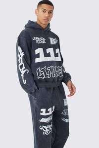 Ensemble sweat-shirt à capuche court surdimensionné et pantalon de survêtement évasé noir délavé pour homme, imprimé personnalisé, streetwear, ensemble de survêtement délavé en 2 pièces - Product Image 2