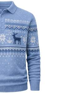 Suéter Polo de Punto de Lana Azul Cielo para Hombre, Personalizado por el Fabricante, Invierno, Manga Larga, Patrón Nórdico, Cuello con Botones, Cálido, Informal - Product Image 4
