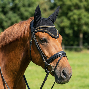Black Crochet Horse Fly Veil Gold Rhinestone Trim Soft Padded Comfortable Fitted Elegant Equestrian <b>Bonnet</b> Sizes /Cob/Full - Product Image 3