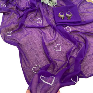 Sari de longitud larga con bordado de Color brillante impreso en forma de corazón más hermoso para Karva Chauth y especial de aniversario de boda - Product Image 1