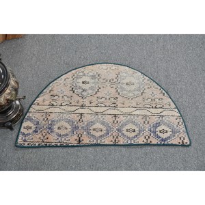 พรมขนสัตว์ตุรกี1.5ft วินเทจสีเบจและน้ำเงินดีไซน์แบบเย็บปะติดปะต่อกันแผ่นยางรองแบบสานเรียบสำหรับตกแต่งห้องนั่งเล่น - Product Image 1