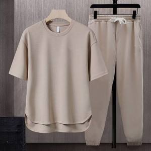 Ensemble deux pièces décontracté pour homme de style japonais, fabrication OEM directe, couleur unie, grande taille, 5 couleurs, t-shirt et pantalon - Product Image 4