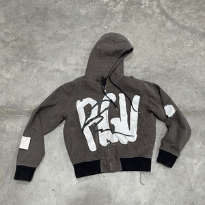 Pull-over vierge de haute qualité en éponge française en détresse avec logo personnalisé, sweat à capuche zippé vintage lavé à l'acide pour hommes - Product Image 3