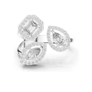 Bague à trois pierres en diamant de laboratoire 0,92 CT pour femme, clarté VVS-VS EF, taille émeraude, poire et ovale avec sertissage halo, 18 carats, 14 carats - Product Image 1