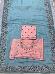 Zain Exports - Hermoso Sari de Seda Chinon Suave y Crujiente de Primera Calidad, con Estampado Digital en Relieve, Reversible, para Bodas, Fiestas, Uso Casual, Corte Regular - Product Image 5