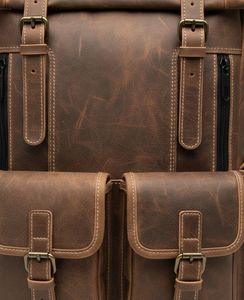 Heritage Trail Vintage Genuine <b>Leather</b> Roll-Top Rucksack | Large Capacity Multi-Pocket Travel & Laptop <b>Backpack</b> - Product Image 2
