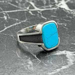 Handmade Mens <b>Turquoise</b> <b>Ring</b> Vintage Minimalist Sterling Silver Statement Jewelry Blue Stone Inlay 18K Perfect Gift for Him - Product Image 3
