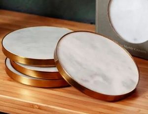 Posavasos de mármol blanco personalizado con incrustaciones de latón de lujo, diseño rectangular cuadrado único, café, té, bebida, alfombrillas y almohadillas de piedra de lujo - Product Image 4