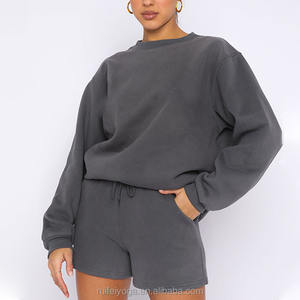 Ensemble short à capuche d'été respirant deux pièces à imprimé bouffant avec logo personnalisé coupe cousue coton délavé au soleil recadrée style High Street pour femmes - Product Image 3