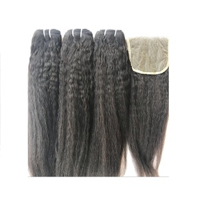 Extensiones de Cabello Humano Virgen Camboyano con Cutícula Alineada, Liso Kinky, con Cierre 4x4 de Encaje Transparente, Venta al por Mayor - Product Image 1