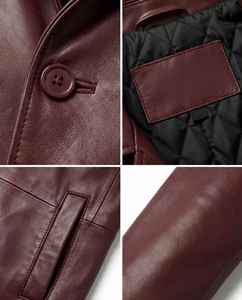 Manteau d'hiver pour homme en cuir véritable d'agneau bordeaux, style vintage indien, fermeture éclair 3/4, col montant, doublure matelassée - Product Image 2