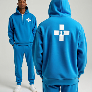 Sweat-shirt à capuche zippé et pantalon évasé 100% coton molletonné pour hommes 3/4 Ensemble de survêtement respirant avec logo sur le devant et l'arrière Couleur unie 1/4 - Product Image 3