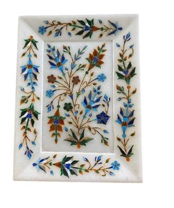 Plateau de service en marbre blanc avec incrustations de pierres multicolores pour la décoration de la maison et des hôtels - Product Image 1