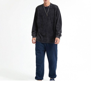 <b>Men</b> Oversized Washed Cotton Long Sleeve T-Shirt O-Neck Solid Color Casual Pullover Winter Digital Printing Fleece Knitted Fabric - Product Image 1