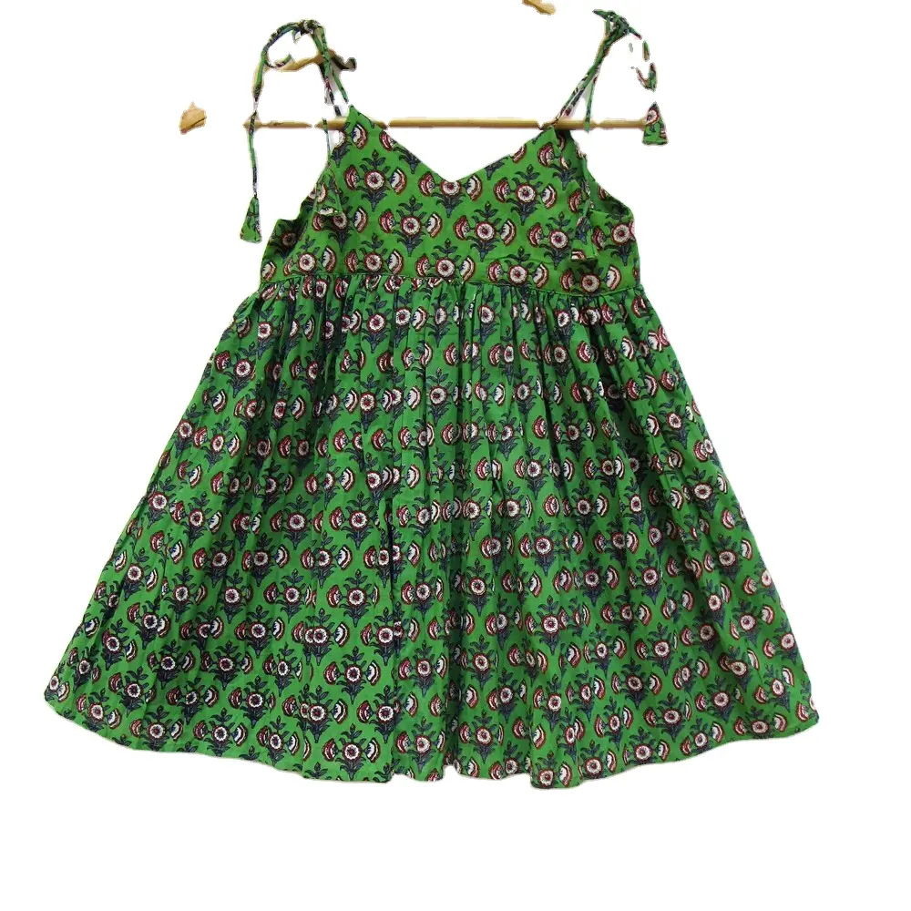 Cotton green hand block printed girl child cute strap dress - kids wear strap beautiful maxi dress