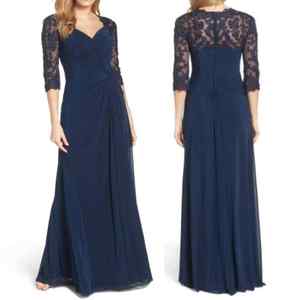 Abito da sera La Femme Navy taglia 10, modello a colonna, in chiffon, con drappeggio e vita impero, ideale per matrimoni e feste, lunghezza al pavimento - Product Image 1