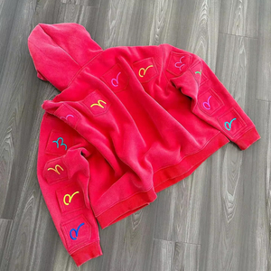 Custom Applique Embroidery Distressed Hoodie Rhinestone Zip up <b>Jacket</b> Acid Wash Vintage Washed <b>Men</b> Fleece Streetwear Hoodie - Product Image 6