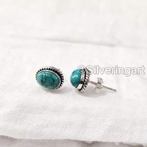 Boucles d'oreilles clous pour femmes, pierre précieuse turquoise tibétaine naturelle, bijoux bohèmes faits à la main, argent sterling 925 - Product Image 5