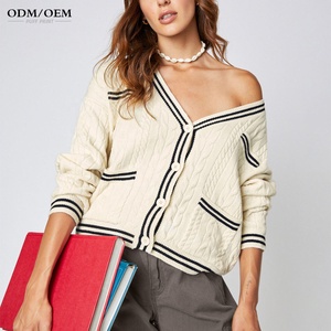 OEM Spring <b>Women</b> <b>Beige</b> V-neck Custom Logo Embroidery Cardigan Casual Loose Sweater Fashion Knitted <b>Jacket</b> Streetwear - Product Image 1