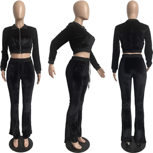 Solid Velvet Sweatsuit Women Two Piece Sport Suit Zipped Long Sleeve Crop Coat and <b>Bell</b> Bottom Pant Velour Tracksuit 2025 - Product Image 6