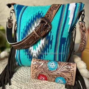 New Fashion Hand Tooled Leather Saddle <b>Blanket</b> Tassel Handbag Stylish Hand Carving Leather Floral Wallet Combo Set for Women's - Product Image 4