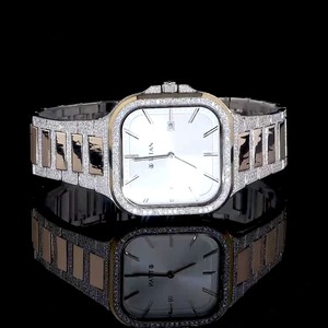 Montre automatique de luxe analogique pour homme, en acier inoxydable, avec verre résistant à l'eau 100 bars, sertie de diamants de laboratoire de forme carrée, couleur or rose - Product Image 1