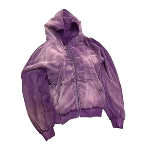 เสื้อฮู้ดดี้ผู้ชายสไตล์ใหม่ พิมพ์ลายดิจิทัลลายซันเฟด ซิปหน้า ผ้าเฟรนช์เทอร์รี่ ล้างสีแบบแอซิดวอช สตรีทแวร์ หนานุ่ม ประดับคริสตัล - Product Image 1