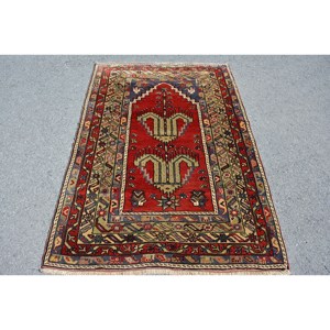 Alfombra de lana verde roja Oriental, 4x5,9 pies, tejido plano de retazos de área grande turco Vintage para decoraciones para sala de estar, respaldo de látex - Product Image 1