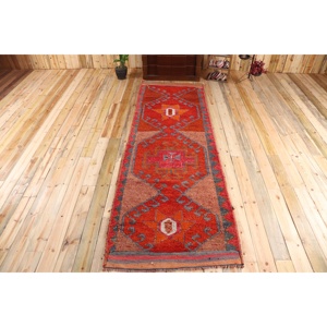 Vintage <b>Runner</b> Rug 3.6x10.3 ft, Turkish Herki <b>Red</b> Moroccan Wool Rug - Product Image 1