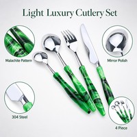 Ensemble de couverts en acier inoxydable 304 avec manche en acrylique vert malachite, 4 pièces, couteau, fourchette, cuillère, vente en gros pour hôtels et restaurants
