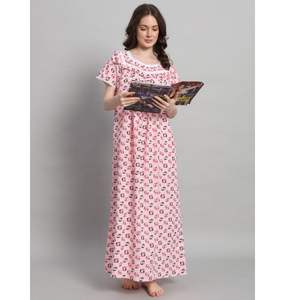 Chemise de nuit en dentelle 100% coton pour femmes, manches courtes, longueur intégrale, tissu respirant, imprimé floral, décontractée, douce, printemps, automne, été - Product Image 1