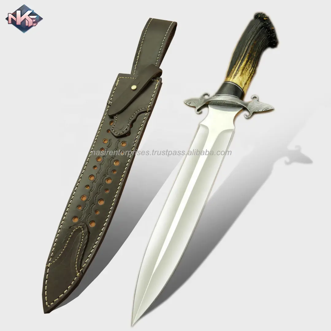 Một Của Một Loại Handmade Hunting Cố Định Blade Knife D-2 Săn Thép Dao Với Stag Horn Xử Lý Và Bò Hide Da Vỏ Bọc