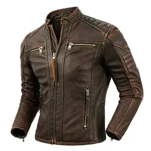 Nuevo diseño de moda al por mayor personalizado más vendido bajo precio de manga completa con cremallera chaqueta de cuero ajustada para hombre - Product Image 1