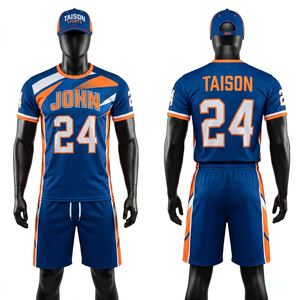 Uniforme de voleibol de playa premium de poliéster de 180 GSM, diseño de paneles azul y naranja, sublimación, conjunto con logotipo personalizado - Product Image 1