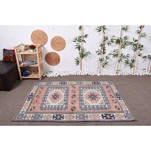 Alfombra de lana de estilo bohemio de gran tamaño, 4,3x5,9 pies, diseño de retazos azul y rosa, alfombra de látex rectangular para sala de estar y pasillo - Product Image 1