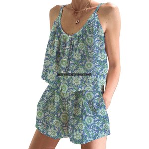 Conjunto de Pijama de Algodón Indio para Mujer, Estampado Floral a Mano, Primavera/Verano, Floral, Ajustado, con Tirantes, Sin Mangas - Product Image 3