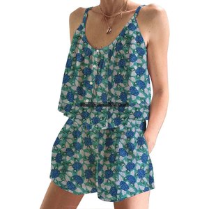 <b>Women</b> Cotton Shorts <b>Pajama</b> Set Lounge Wear Hand Block Print Spring/<b>Summer</b> Floral Fitted Strappy Sleeveless PJ Set - Product Image 2