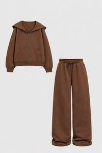 Ensemble sweat à capuche zippé et pantalon large en molleton bouclette marron unisexe décontracté respirant - Product Image 1
