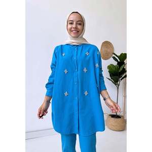 Blue Classic Solid Rhinestone-Embellished 100% <b>Linen</b> Women's 2-Piece Long <b>Set</b>-Eco-Friendly & Breathable - Product Image 2
