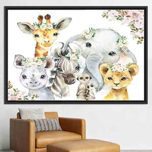 Tableau imprimé sur toile : Décoration murale d'animaux mignons, moderne et élégante, toile encadrée noire - Product Image 1