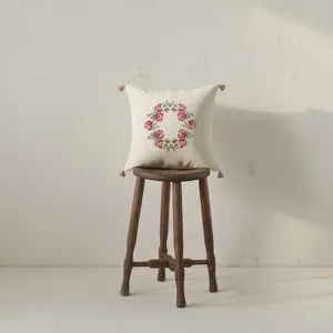 Buldan Square Embroidered Floral <b>Throw</b> Pillow Cover <b>Red</b> Without Inner Filling for Home Decorative Use - Product Image 1
