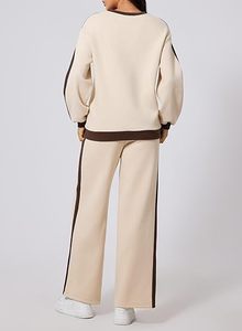 Sudadera de pierna ancha Beige para mujer y pantalones de chándal conjunto de 2 piezas con rayas laterales marrones chándal informal ropa de calle Loungewear - Product Image 3